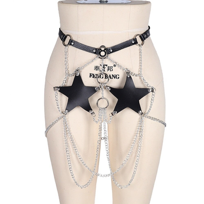 Pentagram Harness With Chain Belt Of PU Leather / Gothic Accessories For Women