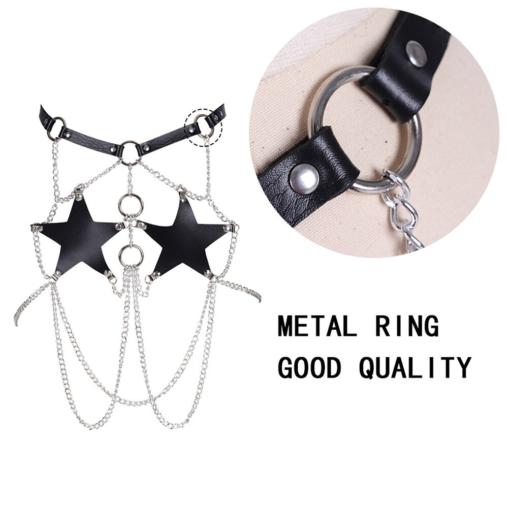 Pentagram Harness With Chain Belt Of PU Leather / Gothic Accessories For Women