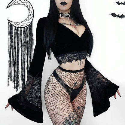 Witchy Clothing Crop Mesh Flare Top Gothic Clothing