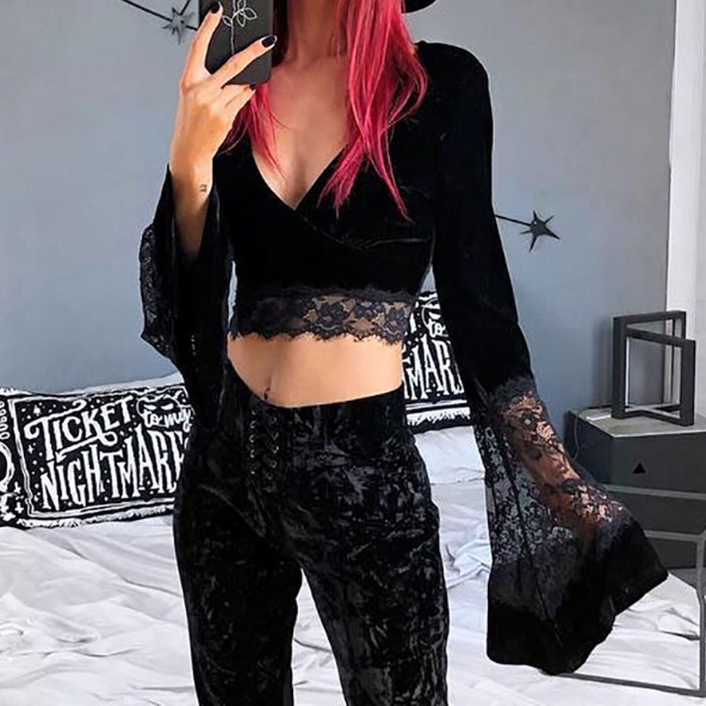 Witchy Clothing Crop Mesh Flare Top Gothic Clothing