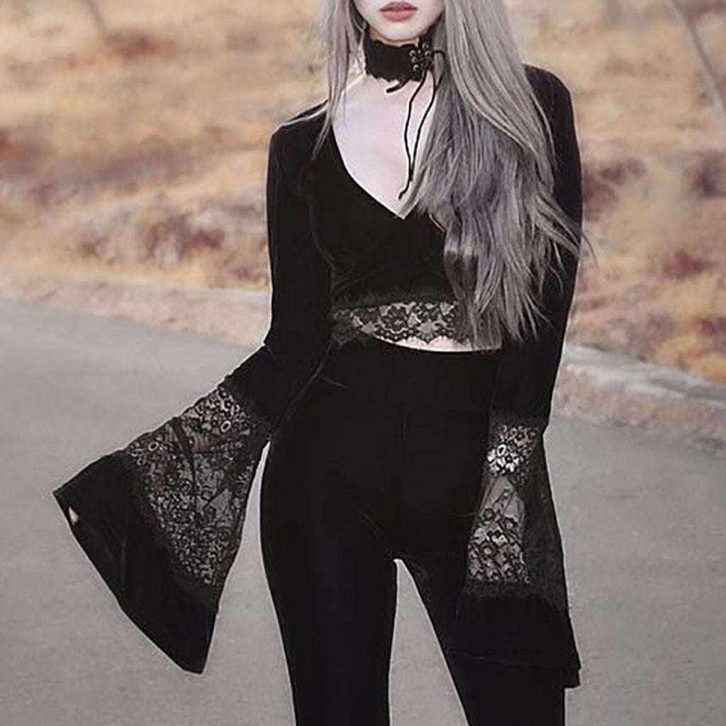 Witchy Clothing Crop Mesh Flare Top Gothic Clothing