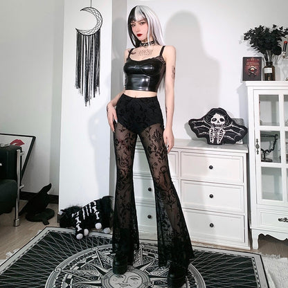 Witchy Clothing Aesthetic Mesh Flared Pants Gothic Clothing