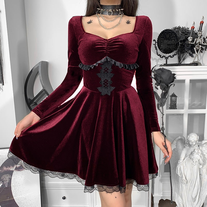 Witchy Clothing Goth Elegant Velvet Mini Dress Gothic Clothing