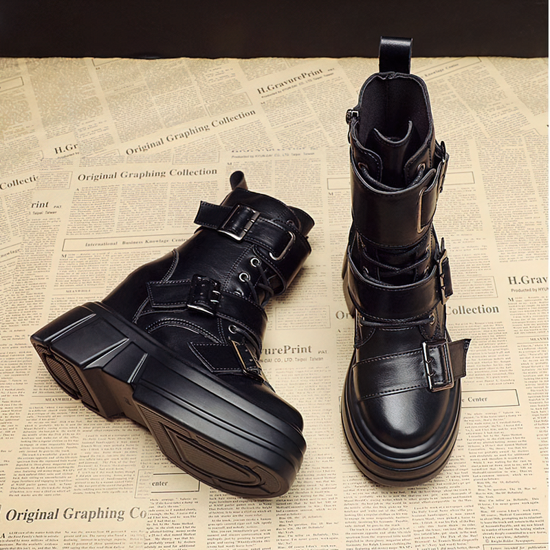 PU Leather Ankle Boots For Women / Cool Buckles Platform Shoes / Punk Style Ladies Footwear