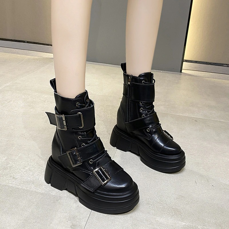 PU Leather Ankle Boots For Women / Cool Buckles Platform Shoes / Punk Style Ladies Footwear
