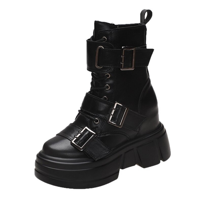 PU Leather Ankle Boots For Women / Cool Buckles Platform Shoes / Punk Style Ladies Footwear