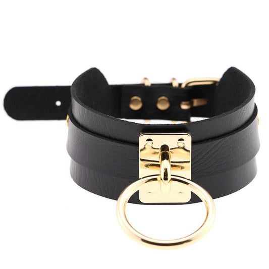 PU Leather Bondage Choker / Wide Gold Color Statement Necklace / Gothic Style Jewelry