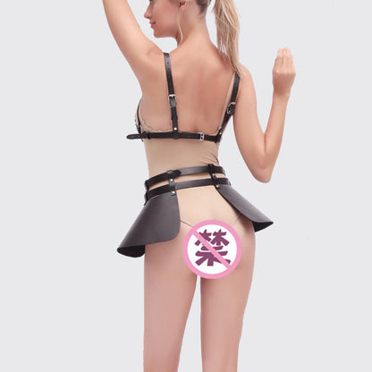 PU Leather Skirt 2Pcs Set / Women Garters / Sexy Gothic Body Harness / Wrist Belt Bra Bondage