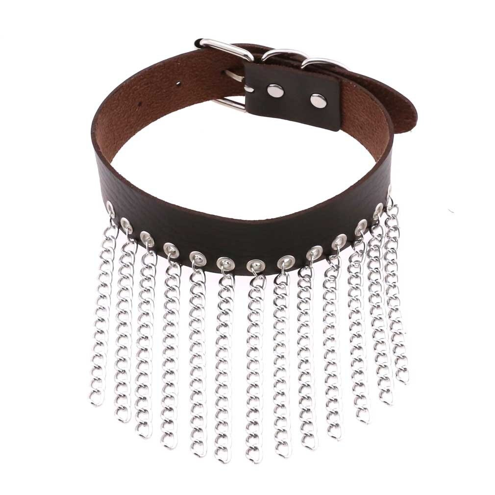 Punk Black Leather Choker With Chains / Goth Collar For Girl / Fashion Female Accessories