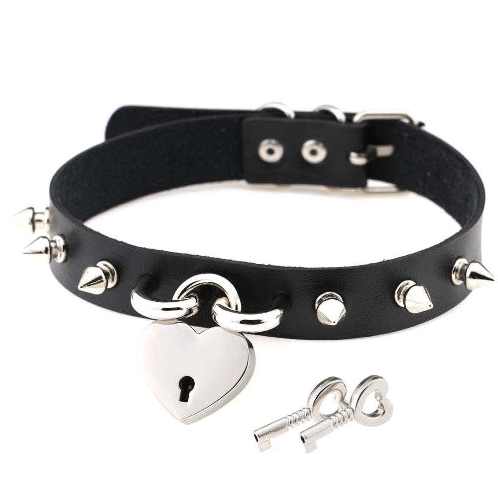 Punk Spike Choker Necklace for Women / Fashion PU Leather Collar with Heart Lock