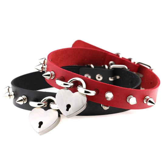 Punk Spike Choker Necklace for Women / Fashion PU Leather Collar with Heart Lock