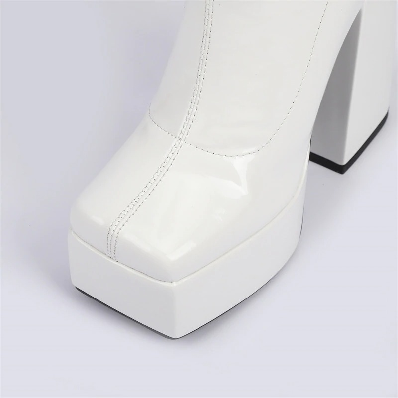Punk Style Elastic Patent Leather Shoes for Women / Luxury Female Ankle Boots Thick High Heels