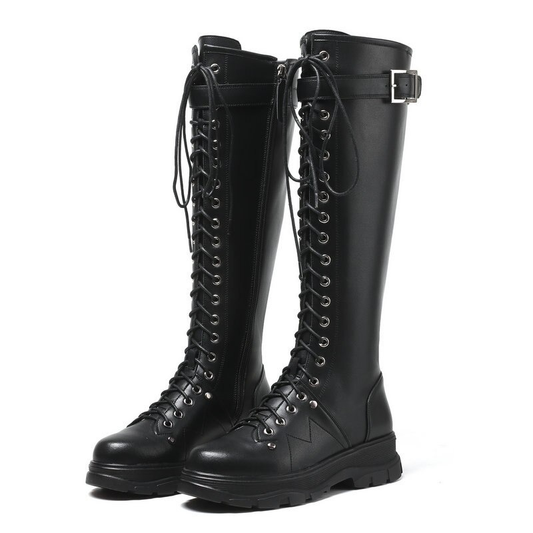 Punk Style Women's Knee High Black Boots / Flat Heel Shoes With Zipper / Genuine Leather Footwear