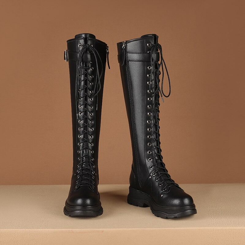 Punk Style Women's Knee High Black Boots / Flat Heel Shoes With Zipper / Genuine Leather Footwear