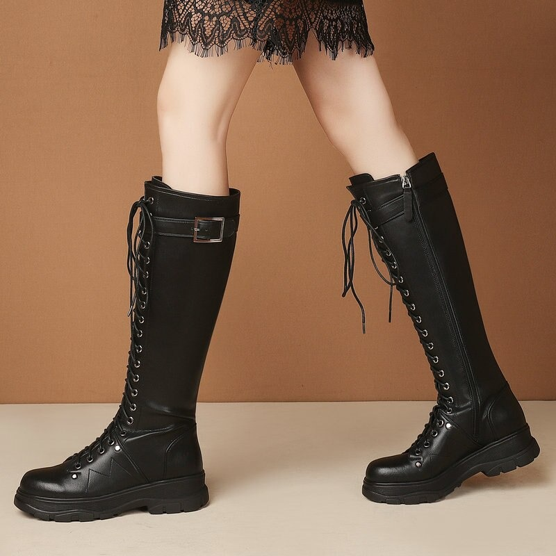 Punk Style Women's Knee High Black Boots / Flat Heel Shoes With Zipper / Genuine Leather Footwear