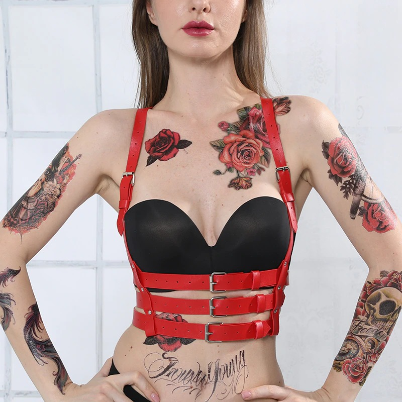 Red Erotic Women's PU Leather Harness in Gothic style / High Waist on Sexy Belt Suspenders