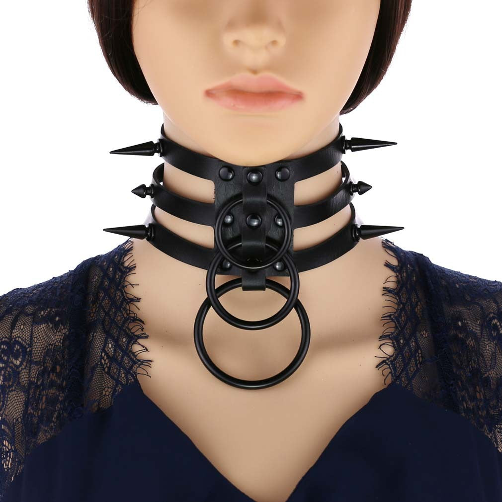 Rivet Leather Spiked Choker / Bondage Punk Collar / BDSM Necklace With Metal Rings