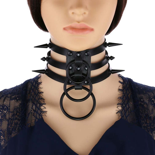 Rivet Leather Spiked Choker / Bondage Punk Collar / BDSM Necklace With Metal Rings