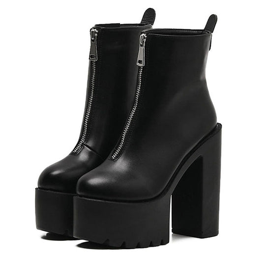 Rock Fashion Women Ankle Boots / Black and White High Heels Shoes with Round Toe