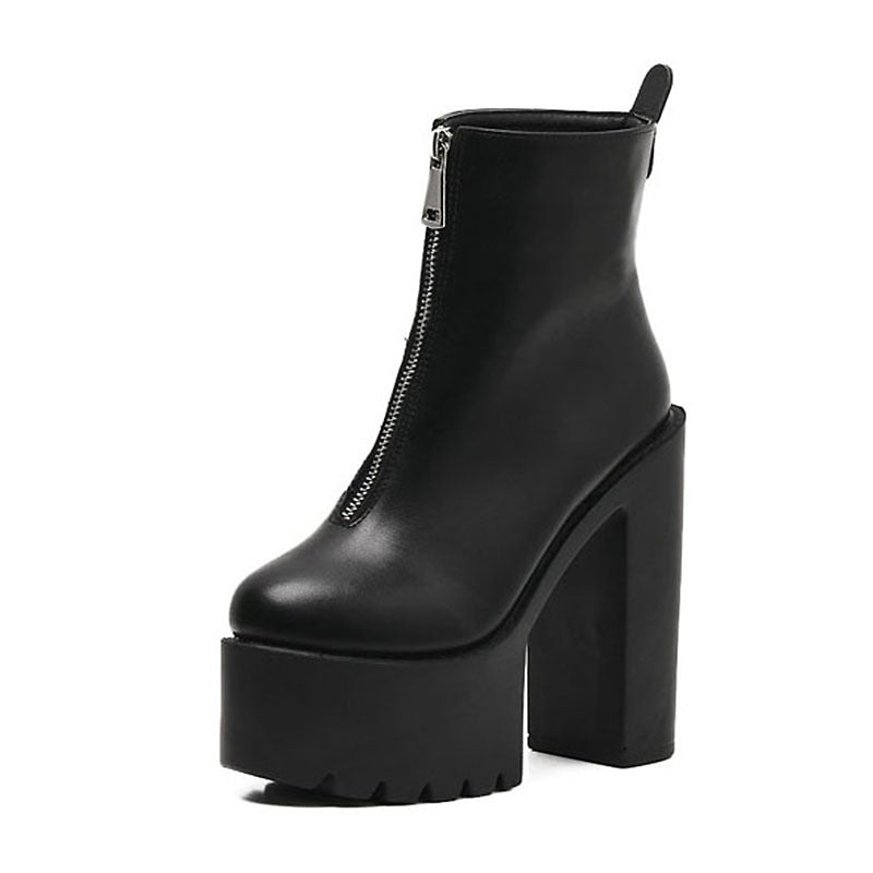 Rock Fashion Women Ankle Boots / Black and White High Heels Shoes with Round Toe