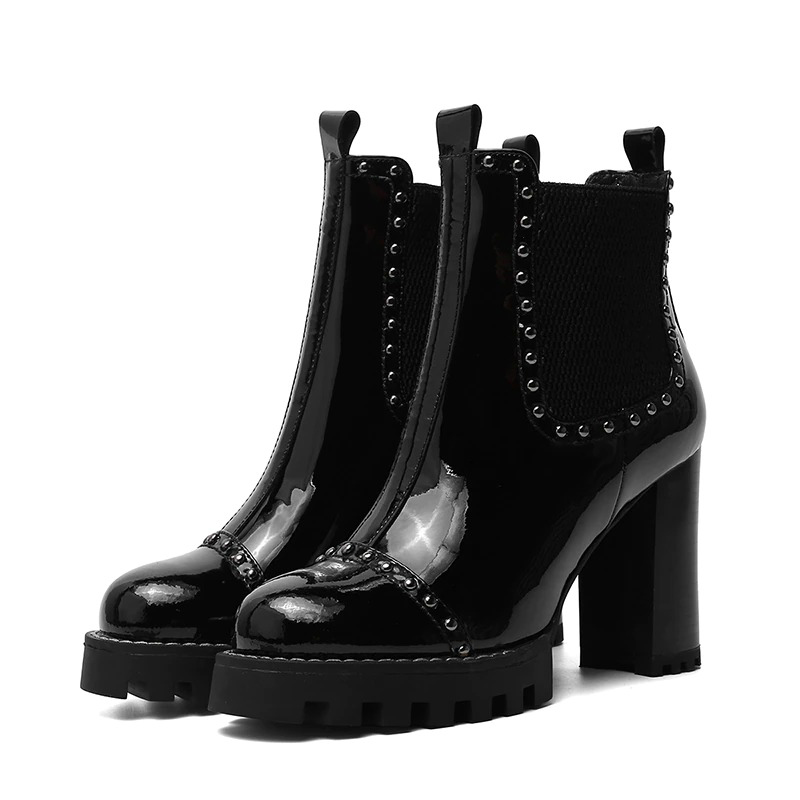 Rock Style Genuine Leather Ankle Boots / Round Toe Rivet Boots / High Heels Platform Shoes