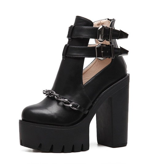 Rock Style Women High Heel Boots With Chain / Round Toe Thick Platform Buckle Shoes