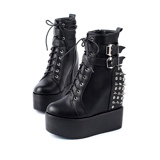 Round Toe Gothic Boots For Women / Black and White Alternative Female Shoes With Rivets