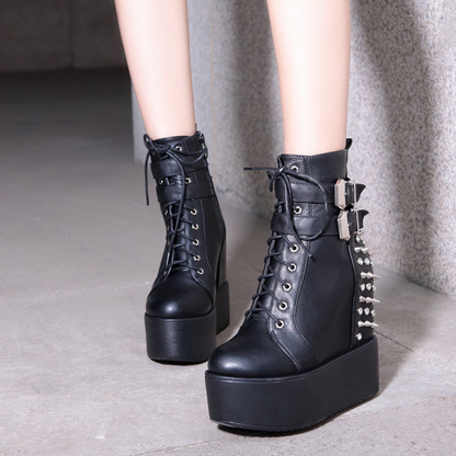 Round Toe Gothic Boots For Women / Black and White Alternative Female Shoes With Rivets