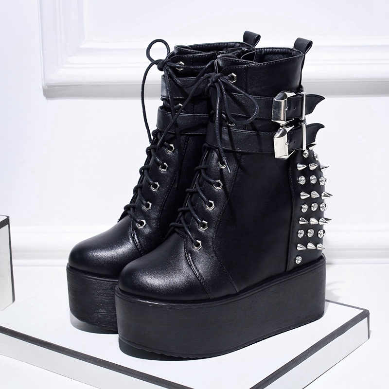 Round Toe Gothic Boots For Women / Black and White Alternative Female Shoes With Rivets