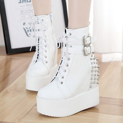 Round Toe Gothic Boots For Women / Black and White Alternative Female Shoes With Rivets