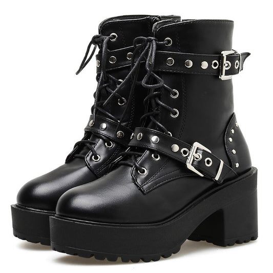 Sexy Black PU Leather Women's Combat Boots With Rivets / High Heels Steampunk Style Platform Shoes