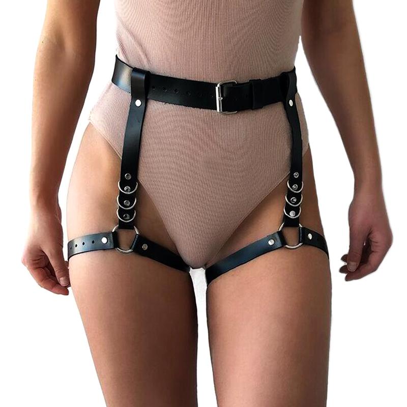 Sexy Chain Black Leather Leg Body Harness / Gothic Bondage Body Chain Accessories
