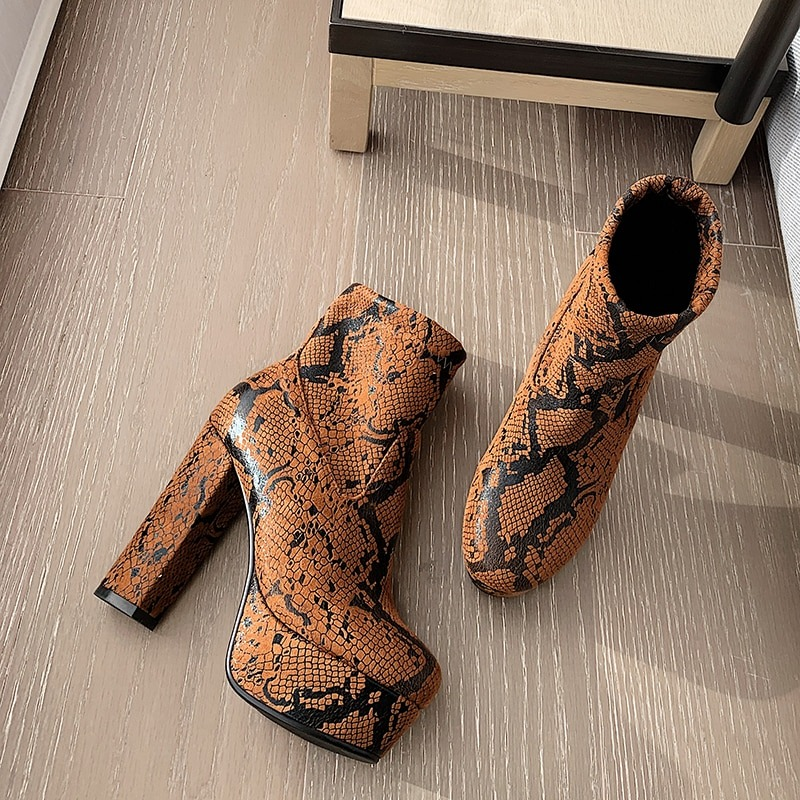 Sexy High Heel Snake Skin Print Ankle Boots / Women's Pointed Toe Platform Shoes / Fashion Female Shoes