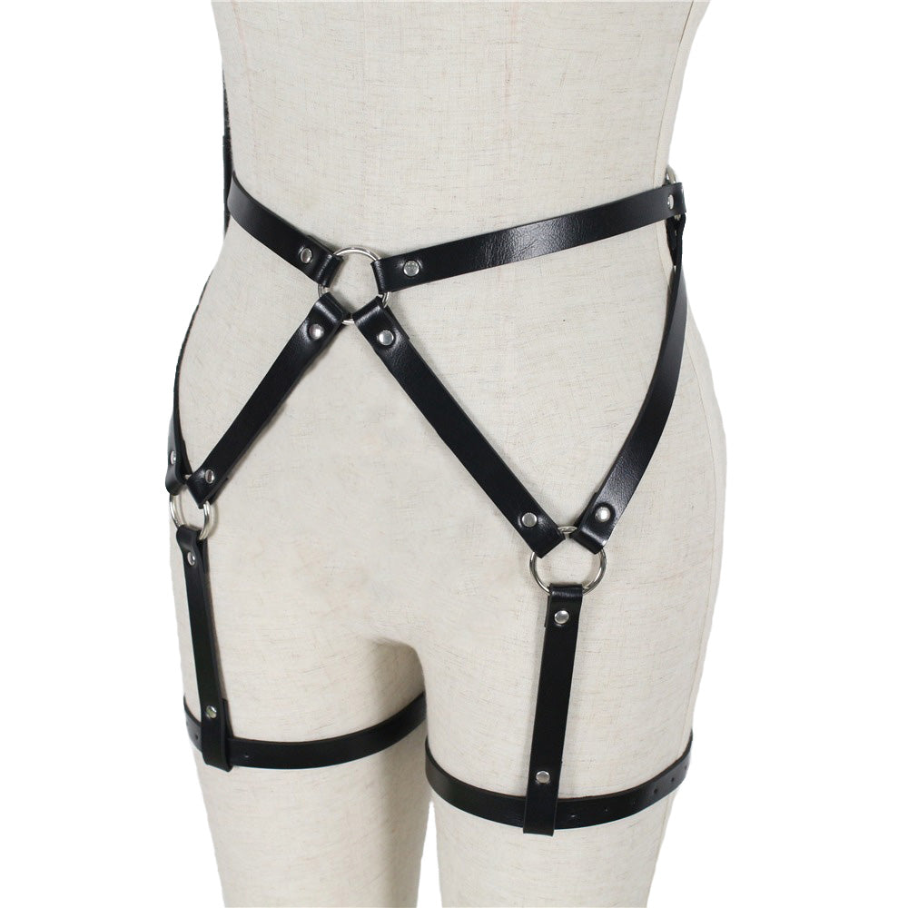 Sexy Leather Body Harness for Women / Black Erotic Garters Belt and Leg Harness
