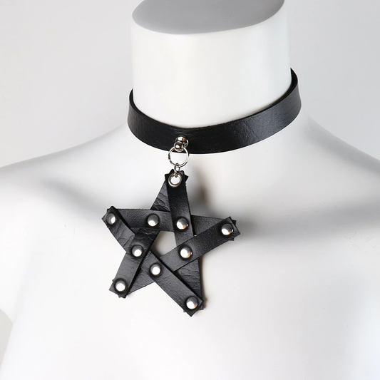 Sexy Pentagonal Pendant Necklace / Gothic PU Leather Choker with Rivet