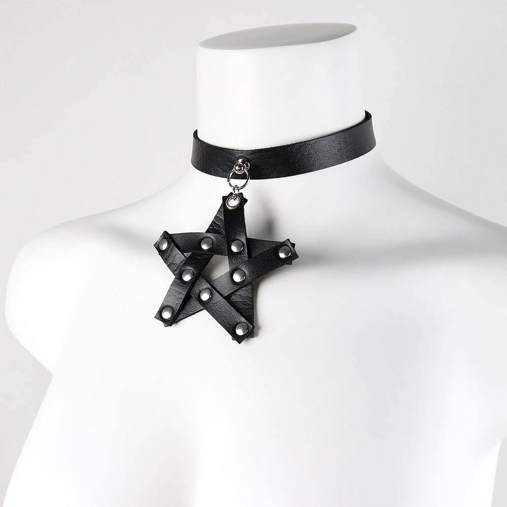 Sexy Pentagonal Pendant Necklace / Gothic PU Leather Choker with Rivet