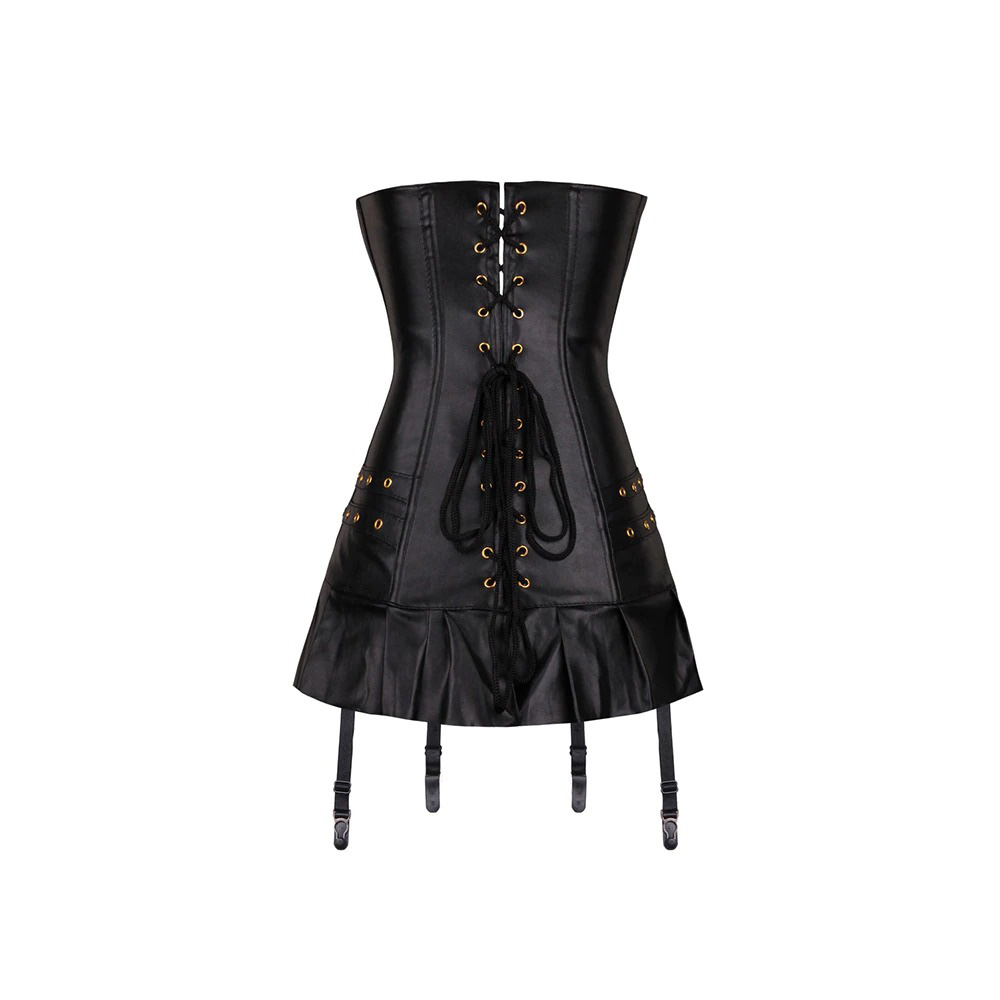 Sexy Women Corset With Suspender Belts / Pu Leather Black Gothic Dress