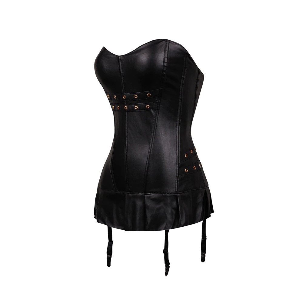 Sexy Women Corset With Suspender Belts / Pu Leather Black Gothic Dress