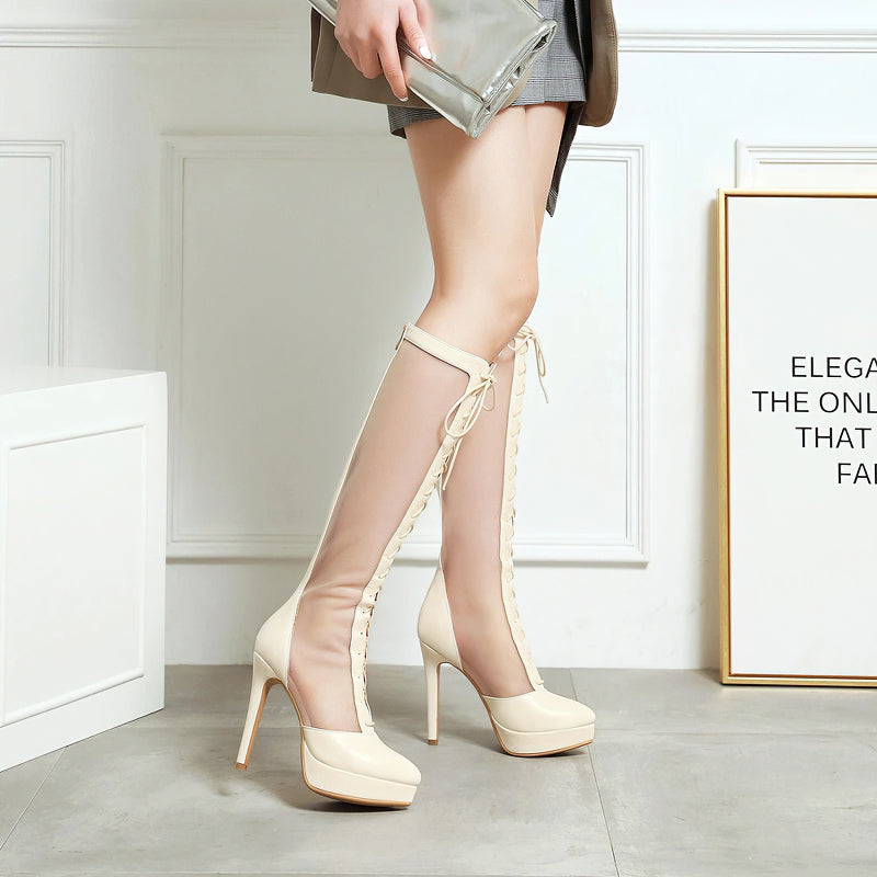 Sexy Women's Knee Mesh Boots / High Heels Lace Up Shoes with Pointed Toe