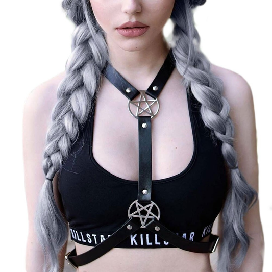 Sexy Women's Leather Harness Bra with Pentagram / Fashion Black Chest Harness in Punk style