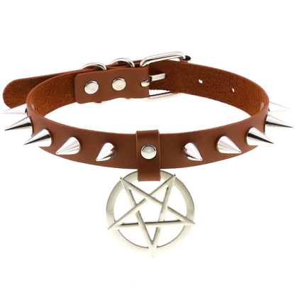 Spikes Leather Choker Necklace with Pentagram / Unisex Accessories in Gothic Style