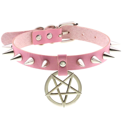 Spikes Leather Choker Necklace with Pentagram / Unisex Accessories in Gothic Style