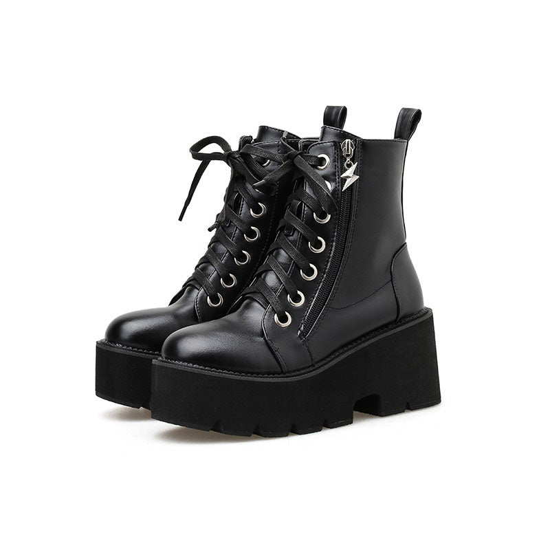 Spring and Autumn Women Shoes / Black Wedges Heels Boots in Rock Style / Lacing Platform Ankle Boots