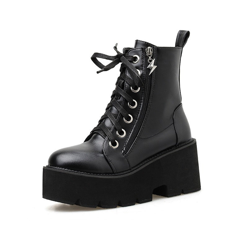 Spring and Autumn Women Shoes / Black Wedges Heels Boots in Rock Style / Lacing Platform Ankle Boots