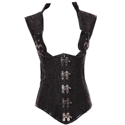 Steampunk Corset With 5 Metal Locks And Straps / Stylish Brocade Shapewear With Lace-Up Back