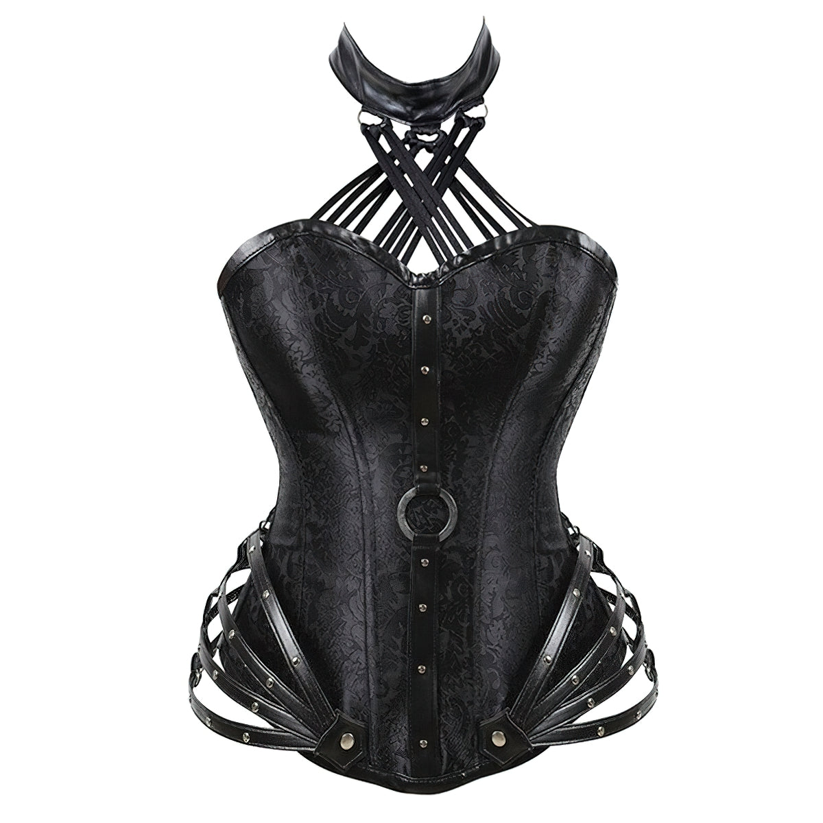 Steel Boned Steampunk Style Modeling Corset / Halter Bustiers / Faux Leather Lingerie With Collar