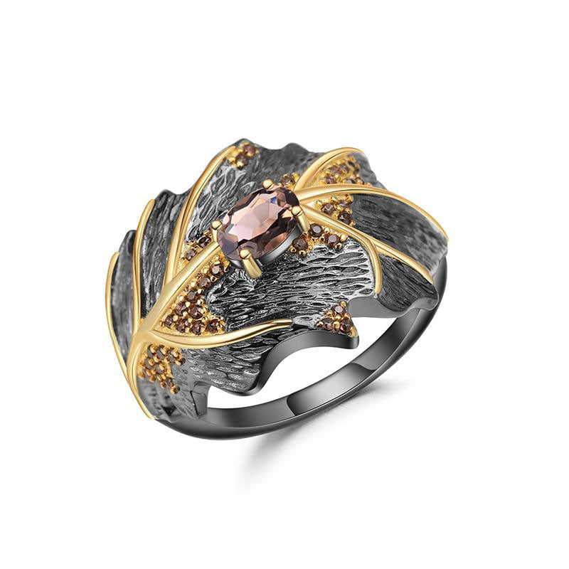 Sterling Silver Golden Leaf Smoky Quartz Ring