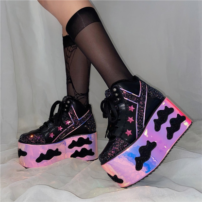 Stylish Women's Mixed Color Ankle Boots With Clouds Pattern / Lace-Up Flat Platform Shoes