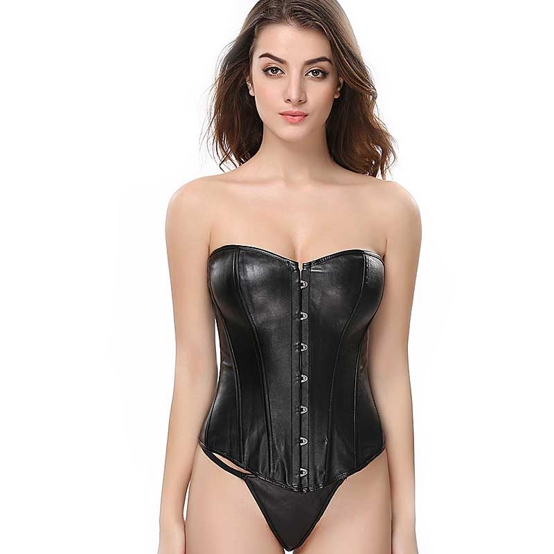 Synthetic Leather Lace-Up Boned Corset / Sexy Simple Designed Women's Bustier With G-Strings