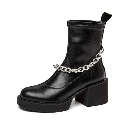 Thick Heel Genuine Leather Ankle Boots with Chain / Women's Round Toe Boots